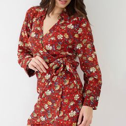Globus Collared V-Neck Cuffed Sleeves Allover Floral Print Mini Tie-Up Wrap Dress-image-19