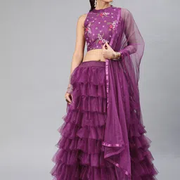 DIVASTRI Purple Embroidered Semi-Stitched Tiered Lehenga & Unstitched Blouse with Dupatta-picture-49
