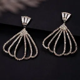 Rubans Rhodium Plated Cubic Zirconia Studded Fan-Shaped Dangle Earrings-53