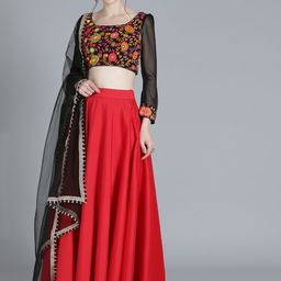 Ethnovog Red  Black Embroidered Made to Measure Lehenga  Blouse with Dupatta-image-69