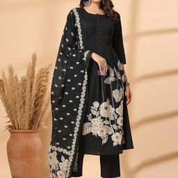 Shangri LA MS Designs Women Floral Embroidered Pleated Aari Work Pure Cotton Kurta with Trousers & With-picture-58