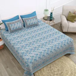 Texstylers Blue & Multicoloured Floral 210 TC Queen Bedsheet with 2 Pillow Covers-image-78