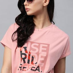 The Roadster Lifestyle Co Women Pink & Red Typography Print Pure Cotton Extended Sleeves T-shirt-image-94