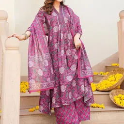 KALINI Women Floral Printed Pleated Kurta with Palazzos & With Dupatta-picture-0
