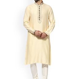 KISAH Men Beige Self Design Kurta with Churidar-image-15