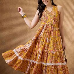 Globus Women Paisley Print Halter Neck Fit & Flare Midi Fusion Dress-11