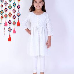 Vastramay Three Fourth Sleeves Chikankari Frill Kurta With Leggings - White-image-74