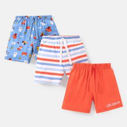 Babyhug Cotton Knit Mid Thigh Length Shorts Fox Print Pack of 3 - Orange White & Blue-image-30