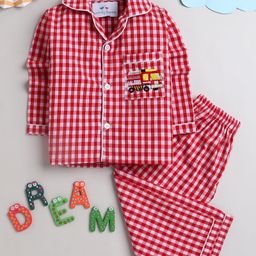 Knitting Doodles Full Sleeves Yarn Dyed Gingham Checked & Fire Truck Embroidered Night Suit - Red-image-88