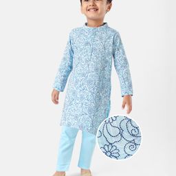 Earthy Touch Cotton Knit Full Sleeves Kurta & Pajama Set Floral Print - Blue-image-79