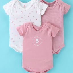 I Bears Interlock Cotton Half Sleeves Onesies Stripes & Floral Print Pack of 3 - White & Pink-image-74