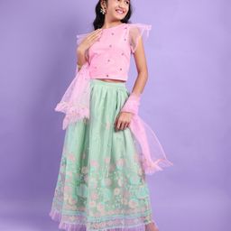Pine Kids All Over Floral Embroidered Half Sleeves Choli Lehanga Set - Light Blue-image-32