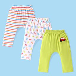 Babyhug Cotton Full Length Diaper Leggings Car & Stripes Print Pack Of 3- White & Green-image-49