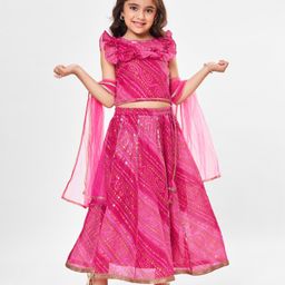 Babyhug Frill Sleeves Kota Bandhani Choli Lehenga & Dupatta Set with Sequin and Tassles Detailing -Fuschia-image-42