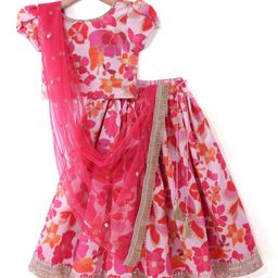 Babyhug Woven Half Sleeves Floral Embroidered & Printed Lehenga Choli and Dupatta With Sequined Detailing-Pink-image-21