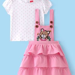 Babyhug Cotton Woven Half Sleeves T-Shirt With Layered Frock Polka Dots Print & Bear Embroidery- Pink-image-72