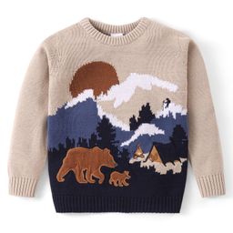 Babyhug Knitted Full Sleeves Pullover Sweater with Scenery Design & Bear Patch - Navy Blue & Cream-picture-19