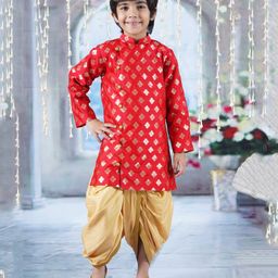 Little Bansi Cotton Full Sleeves Floral Printed Kurta With Dhoti - Red & Golden-image-30