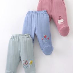 Zero Cotton Knit Footed Bootie Leggings With Fruits & Bee Print Pack Of 3 - Blue Peach & Sage Green-picture-37