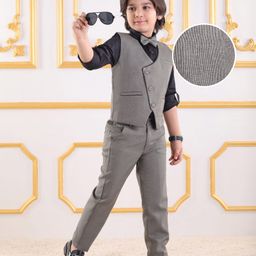 Mark & Mia Full Sleeves 3 Pieces Party Suit with Checked Waist Coat & Bow Detailing - Grey& Black-image-4