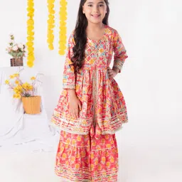 aatya kiids AATYA by Shruti Agarwal Cotton Three Fourth Sleeves Floral Printed & Gota Lace Embellished Kurta & Sharara Set - Pink-picture-37