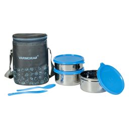 Varmora HomewareSS Jumbo Trio Printed Assorted Stainless Steel Lunch Box For Office - Set Of 3 - Blue-7