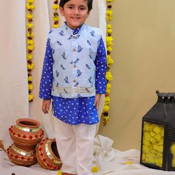 KID1 Cotton Full Sleeves Birds Printed & Lace Embellished Kurta Pyjama With Jacket Set - Blue-image-32