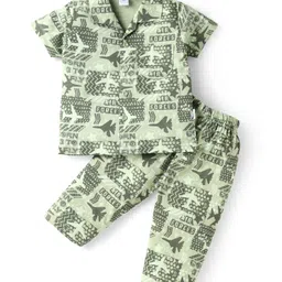 Teddy Sinker Knit Half Sleeves Night Suit with AirplanePrint - Olive Green-picture-19
