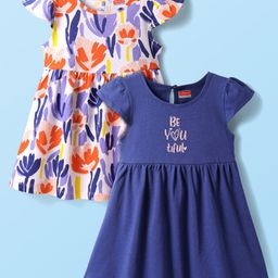 Babyhug Single Jersey Knit Short Sleeves Frocks With Floral Print Pack Of 2 - Blue-picture-38
