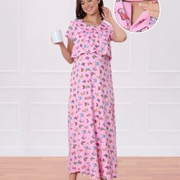 Bella Mama Cotton Knit Half Sleeves Butterfly Printed Maternity Nursing Nighty With Concealed Zipper - Pink-picture-30