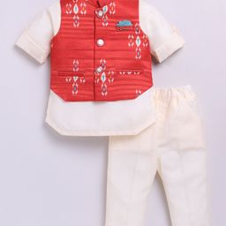 LITTLE COLLARS Blended Full Sleeves Solid Kurta & Pyjama With Ikat Printed Jacket Set - Red-image-59
