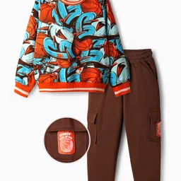 OLLINGTON ST. Cotton Knit Full Sleeves Printed Sweatshirt & Knit Joggers Set with Abstract Print - Multicolor & Dark Brown-picture-9