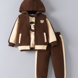 Mark & Mia Cotton Winter Wear Animal Embroidered T-Shirt & Lounge Pant Set With Hooded Jacket - Brown-picture-1