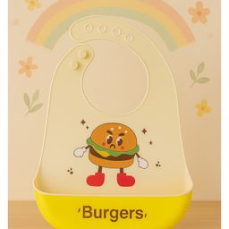 KIDS BASIC Soft Silicone Baby Bib with Food Pocket , Waterproof & Adjustable , Burger Cartoon Print - Yellow (Pack of 1)-25