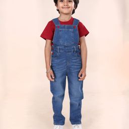 Kiddopanti Denim Knit Mild Washed Dungaree With Cotton Half Sleeves Mini Monster Printed Tee Set - Maroon & Blue-image-7