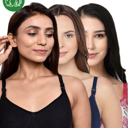 Inner Sense Organic Cotton Knit Pack of 3 Solid & Floral Printed Antimicrobial Maternity Bras With Nursing Access - Multi Colour-picture-3