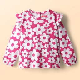 Babyhug 100% Cotton Knit Full Sleeves Top with Floral Print & Frill Detailing - Pink-image-14