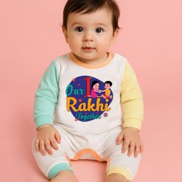 The Peppy Tend 100% Cotton Knit Rakshabandhan Theme Full Sleeves Our 1st Rakhi Together Text Printed Romper - Multi Colour-image-88