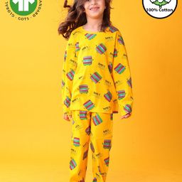 Anthrilo 100% Organic Cotton Knit Full Sleeves Pop It Printed Coordinating Night Suit Set - Yellow-image-38
