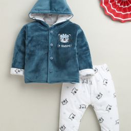 BUMZEE Cotton Knit Full Sleeves Hooded Winter Wear Suits Set with Lion Embroidery - White & Blue-picture-14