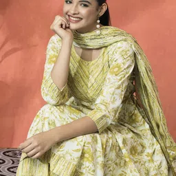 Sangria Floral Printed Round Neck Gotta Patti Cotton A-Line Kurta With Trousers & Dupatta-picture-42