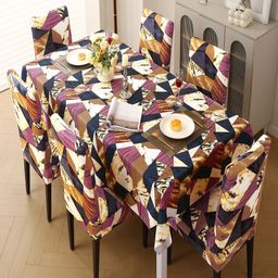 HOKIPO Set Of 6 Burgundy-Colored Printed Stretchable Dinning Chair Covers With Table Cloth-image-98
