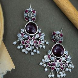NAMAN ARTS Silver-Plated Artificial Stones Studded Contemporary Oxidised Drop Earrings-13
