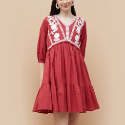 Colour Me by Melange Women Self Design Floral Embroidered Pure Cotton Drop-Waist Dress-11