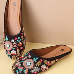 Pairs4U Women Embellished Round Toe Mojaris With Embroidered Flats-38