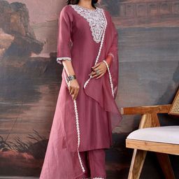 House of Pataudi Floral Embroidered Thread Work Straight Kurta With Trousers & Dupatta-image-38