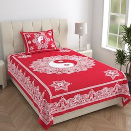 Monik Handicrafts Red 144 TC Regular Single Bedsheets With 1 Pillow Covers-image-8