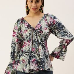 IQRAAR Tropical Print V-Neck Tie-Up Top-image-16