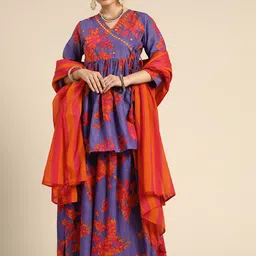 Anouk Women Purple & Orange Pure Cotton Printed Angrakha Kurti with Palazzos & Dupatta-image-45
