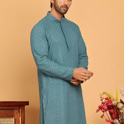 Anouk Teal Geometric Embroidered Mandarin Collar Sequinned Straight Kurta-image-66